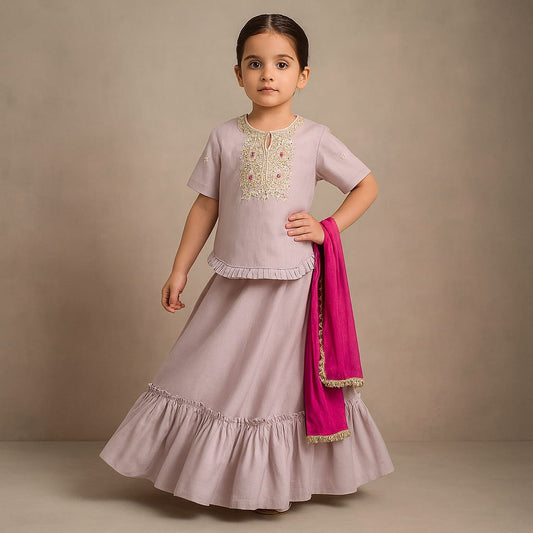 Pre Order: Curved Hem Lilac Top And Lehenga With Pink Organza Dupatta