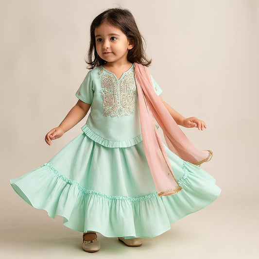 Pre Order: Curved Hem Green Top And Lehenga With Peach Organza Dupatta