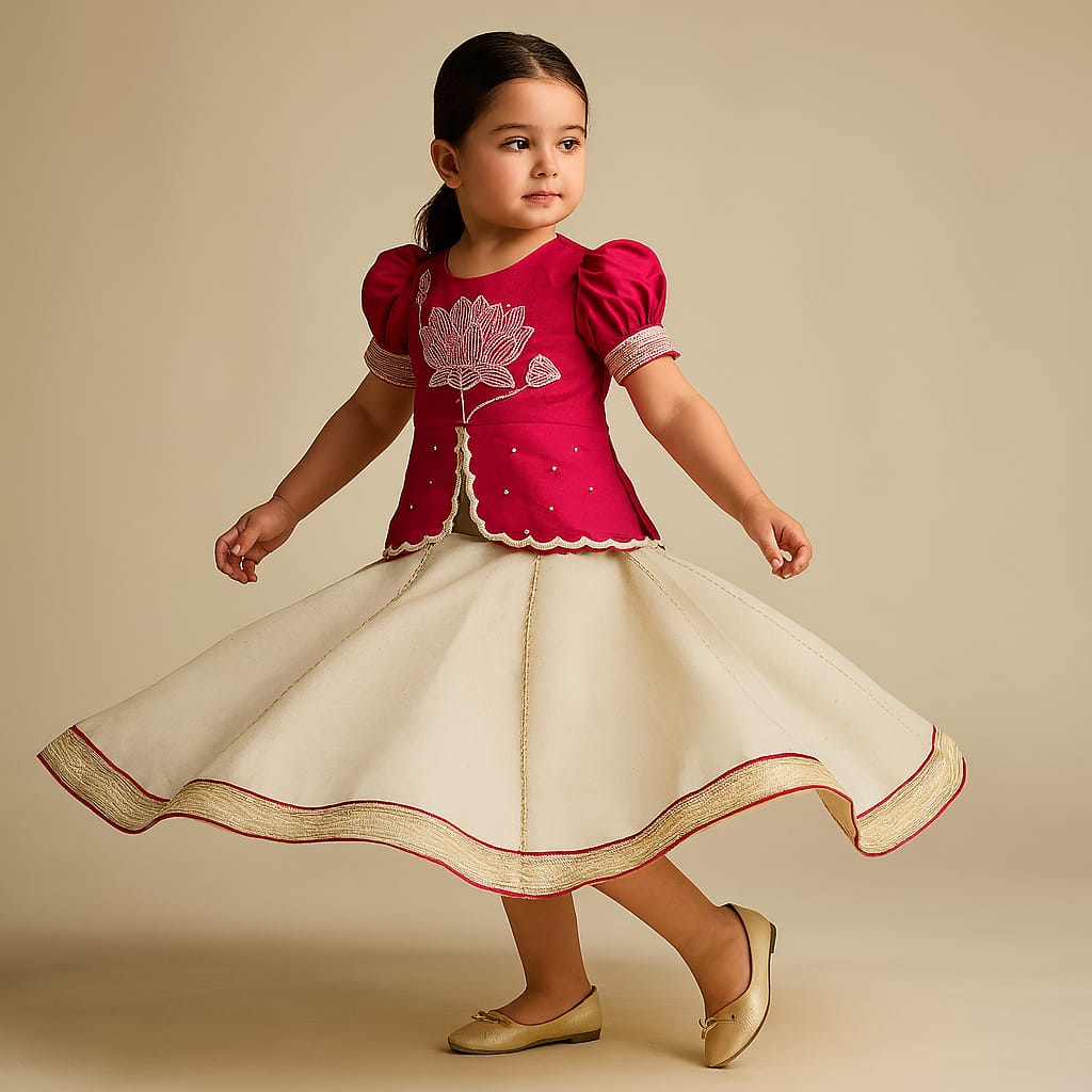 Pre Order: Lotus Embroidered Pink Top And Off White Lehenga