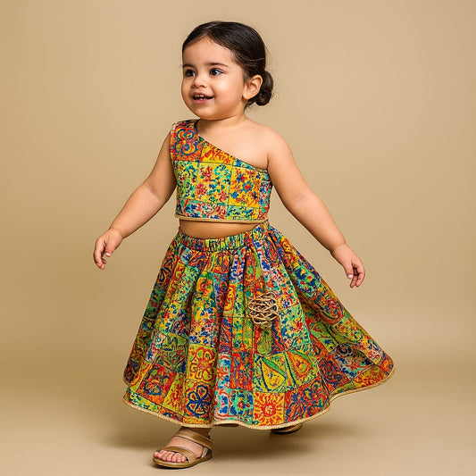 Pre Order: Multicolour Printed One Shoulder Top With Lehenga