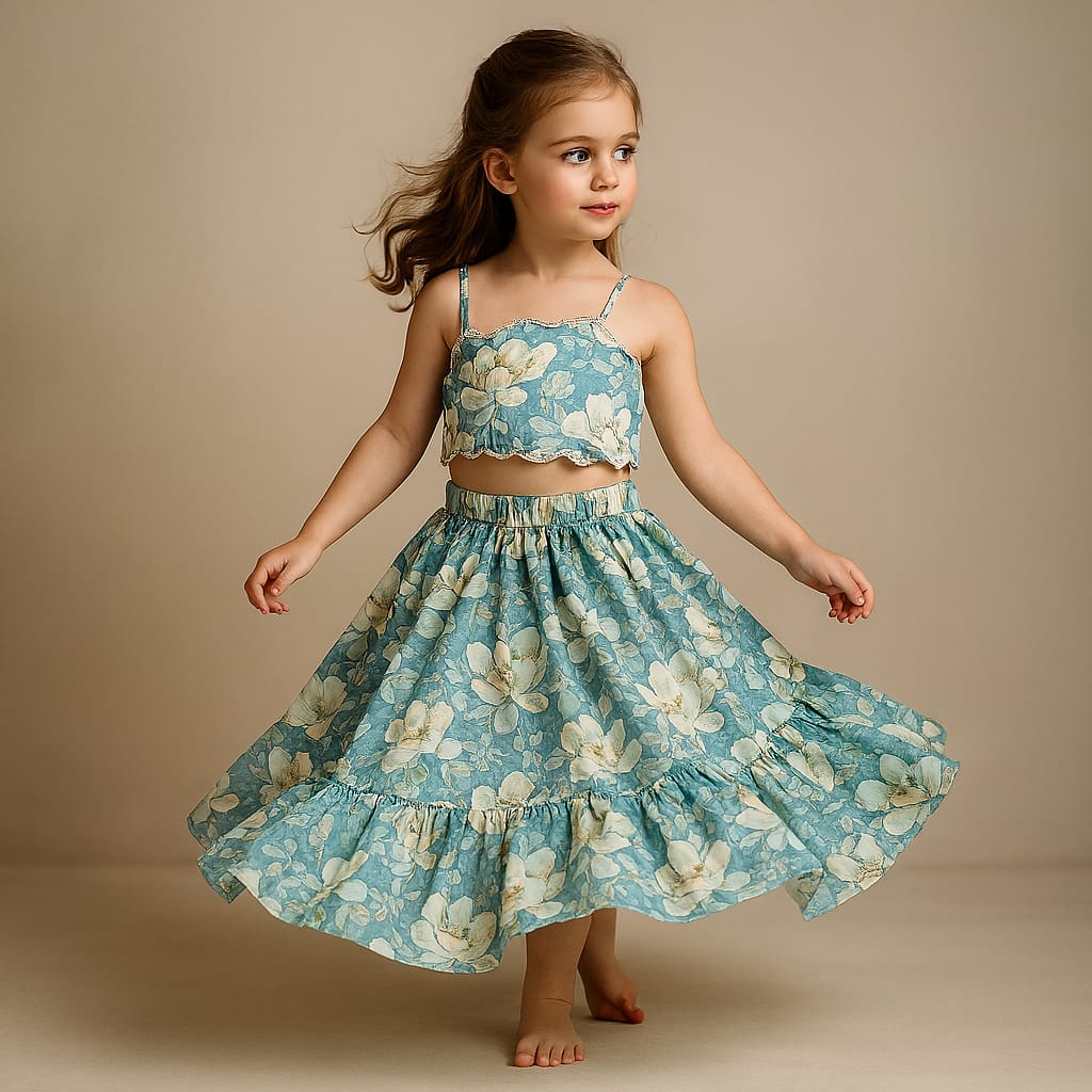 Pre Order: Floral Printed Scalloped Shaped Yoke Top With Lehenga
