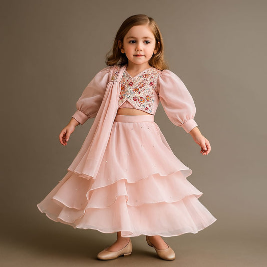 Pre Order: Embroidered Pink Top And Layered Lehenga With Pleated Dupatta