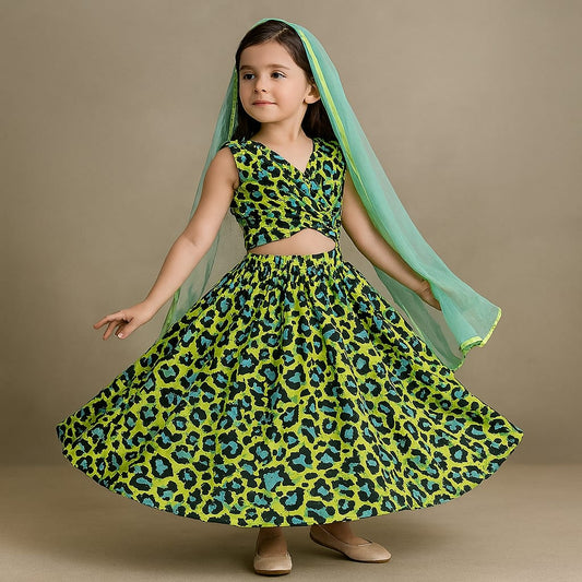 Pre Order: Animal Printed Fancy Pleated Crop Top And Lehenga With Dupatta