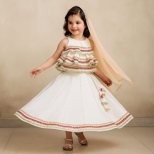 Pre Order: Frilly Top And Lehenga With Net Dupatta