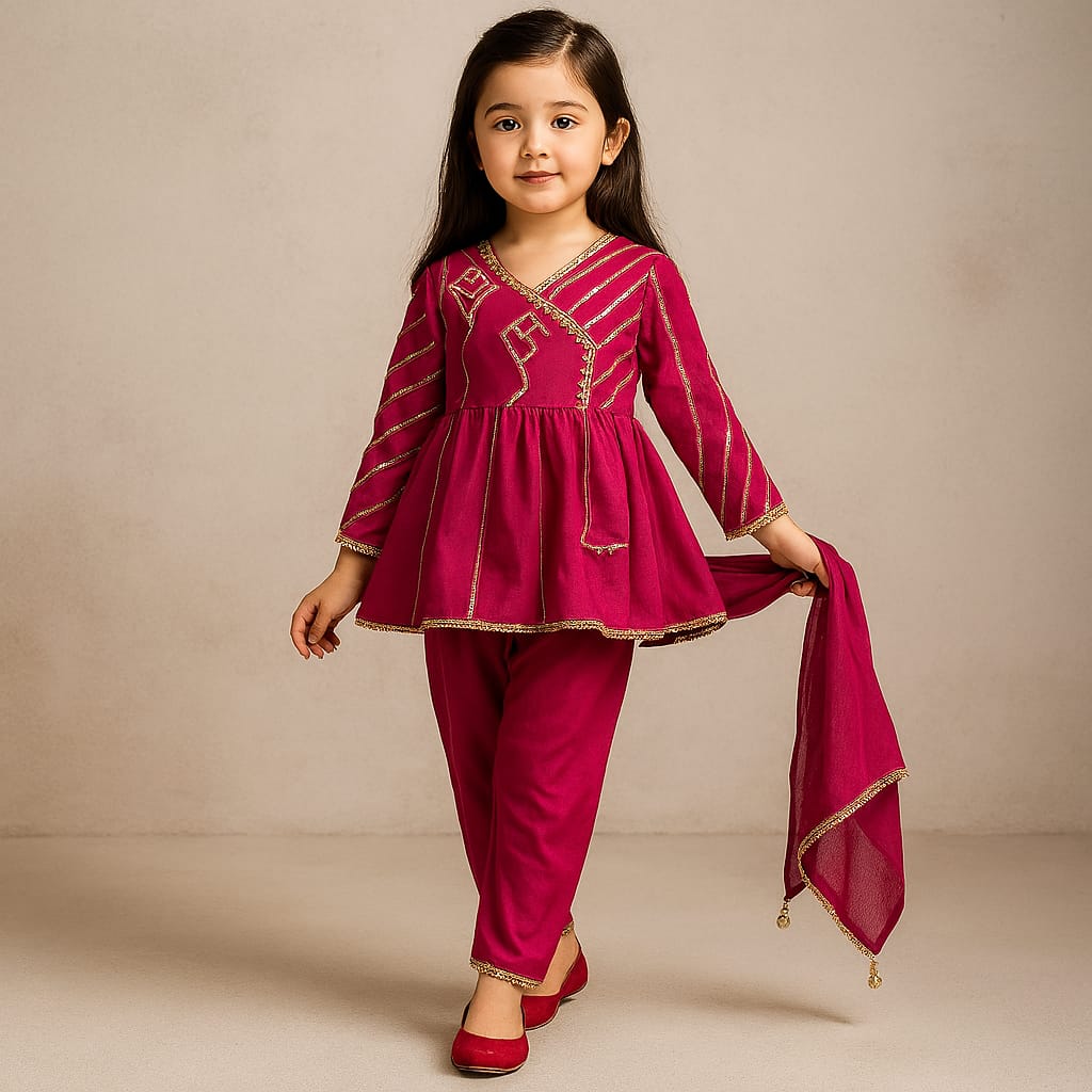 Pre Order: Beautiful Pink Gota Work Angrakha With Dhoti Pant And Dupatta