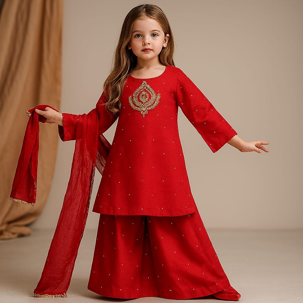 Pre Order: Beautiful Zari Embroidered Red Kurti With Pant And Dupatta