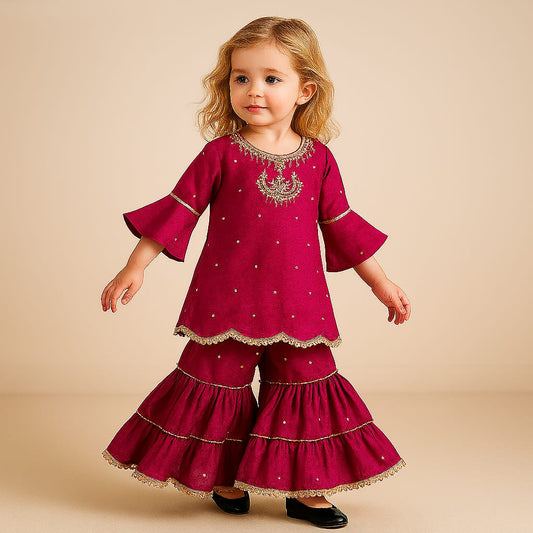 Pre Order: Zardozi Embroidered Pink Kurti And Tiered Sharara