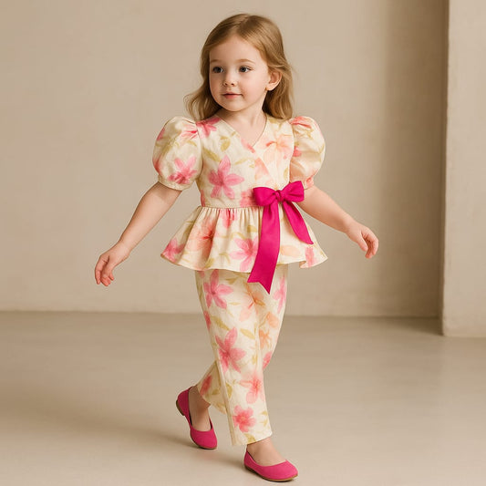 Pre Order: Puff Sleeves Printed Top And Dual Pocket Detail Pant