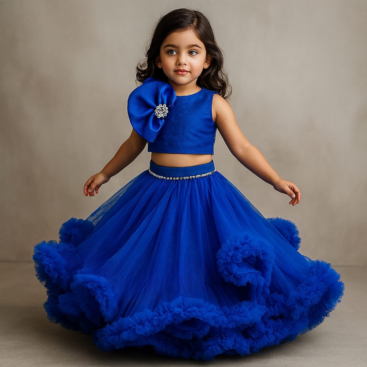 Pre Order: Fabulous Blue Swirled Top With Ruffle Layered Lehenga