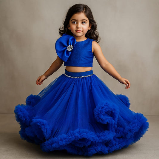 Pre Order: Fabulous Blue Swirled Top With Ruffle Layered Lehenga