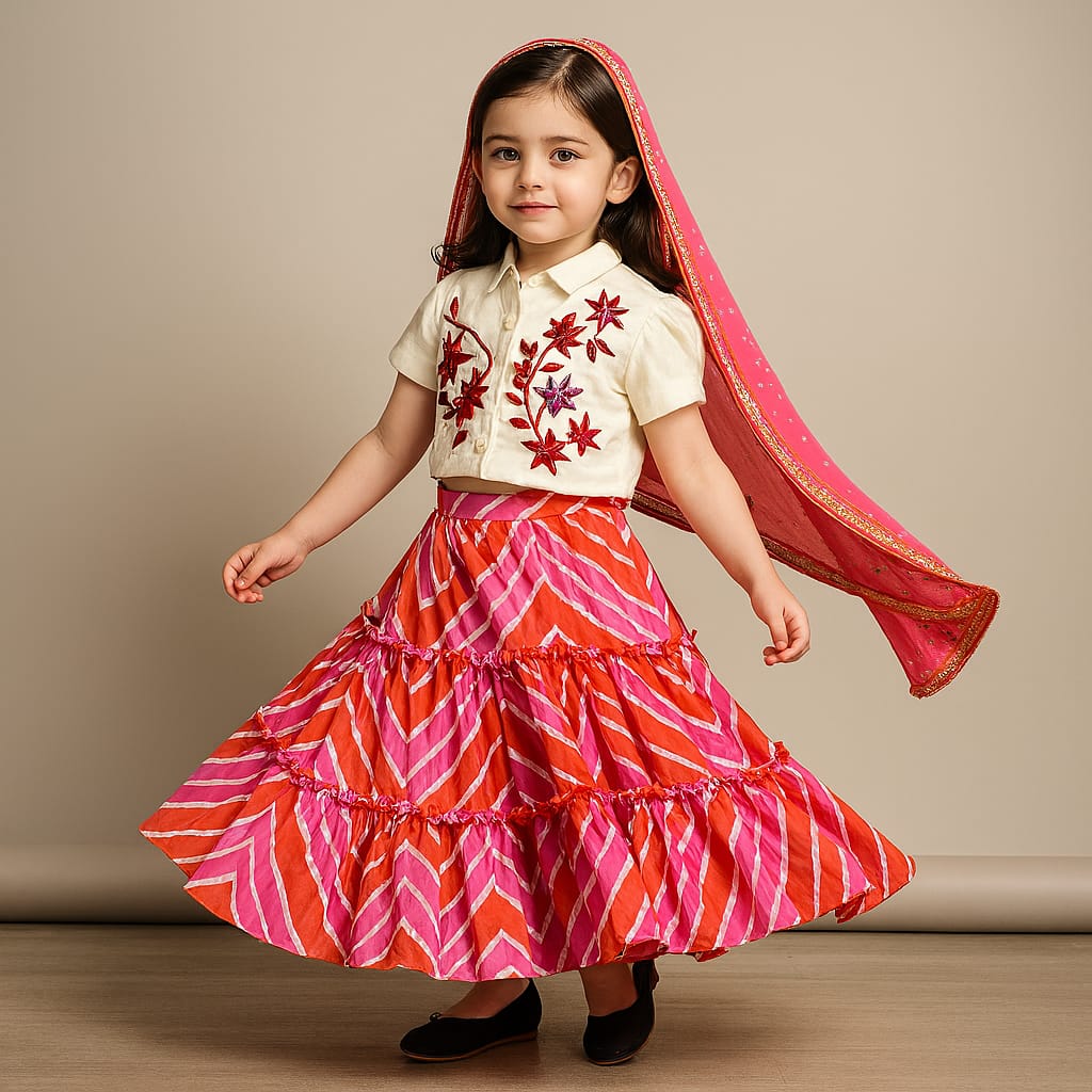 Pre Order: Front Open Off White Top And Chevron Printed Multicolour Lehenga