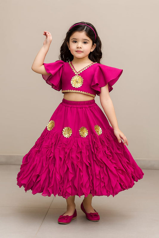 Pre Order: Frilly Sleeves V Neck Hot Pink Layered Drape Top And Stylish Lehenga