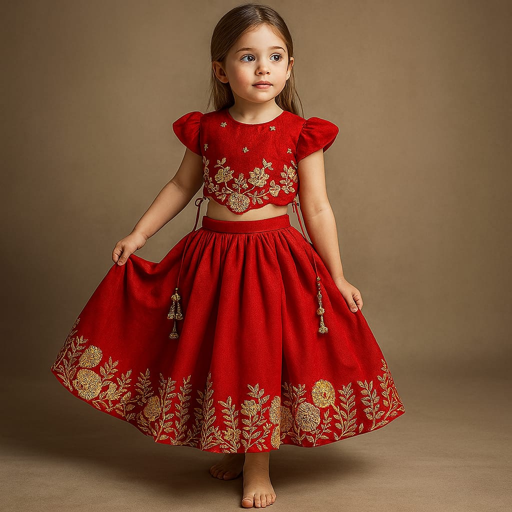 Pre Order: Red Embroidered Scalloped Hem Top With Lehenga