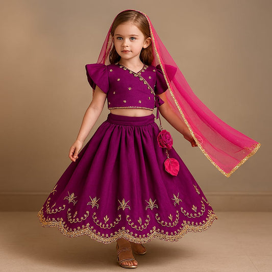 Pre Order: Wine Embroidered Front Overlap Top With Lehenga And Dupatta