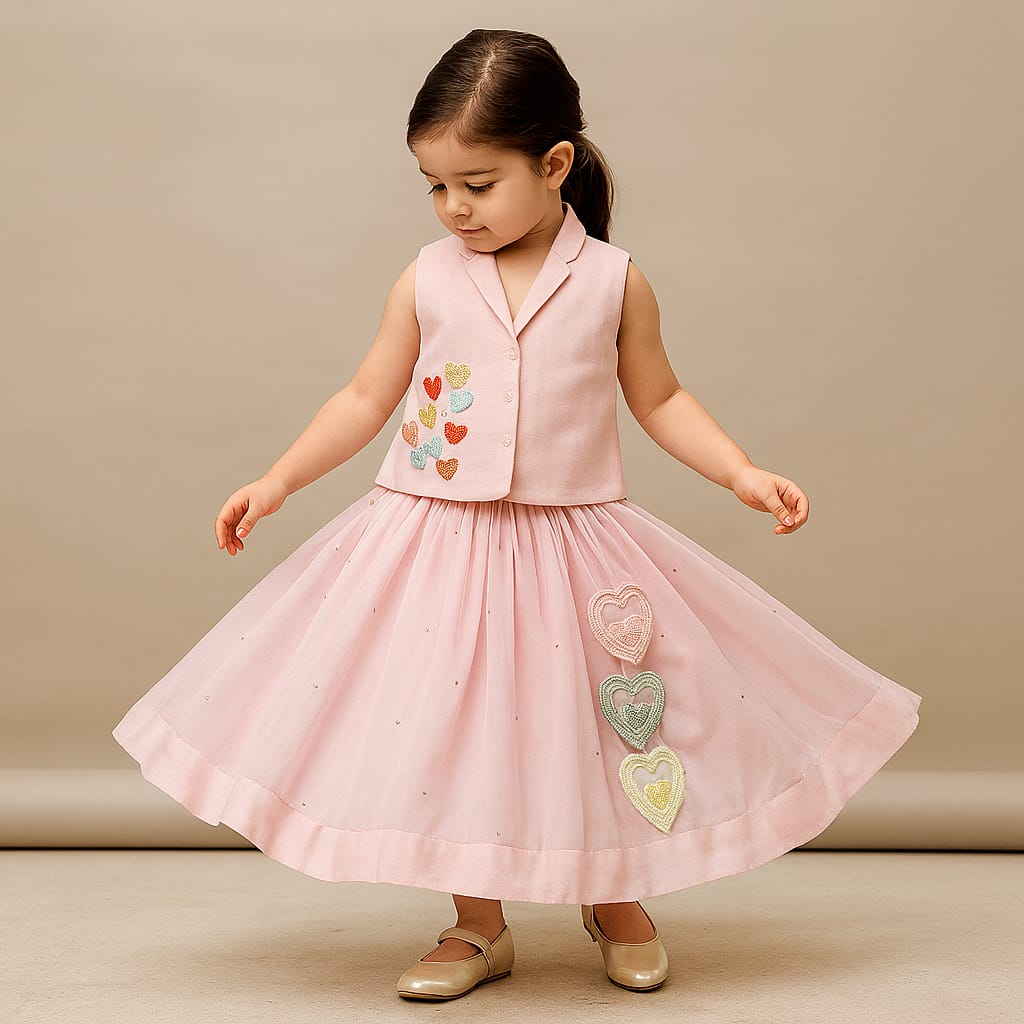 Pre Order: Tiny Hearts Embroidered Pink Top And Lehenga