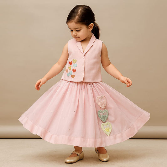 Pre Order: Tiny Hearts Embroidered Pink Top And Lehenga