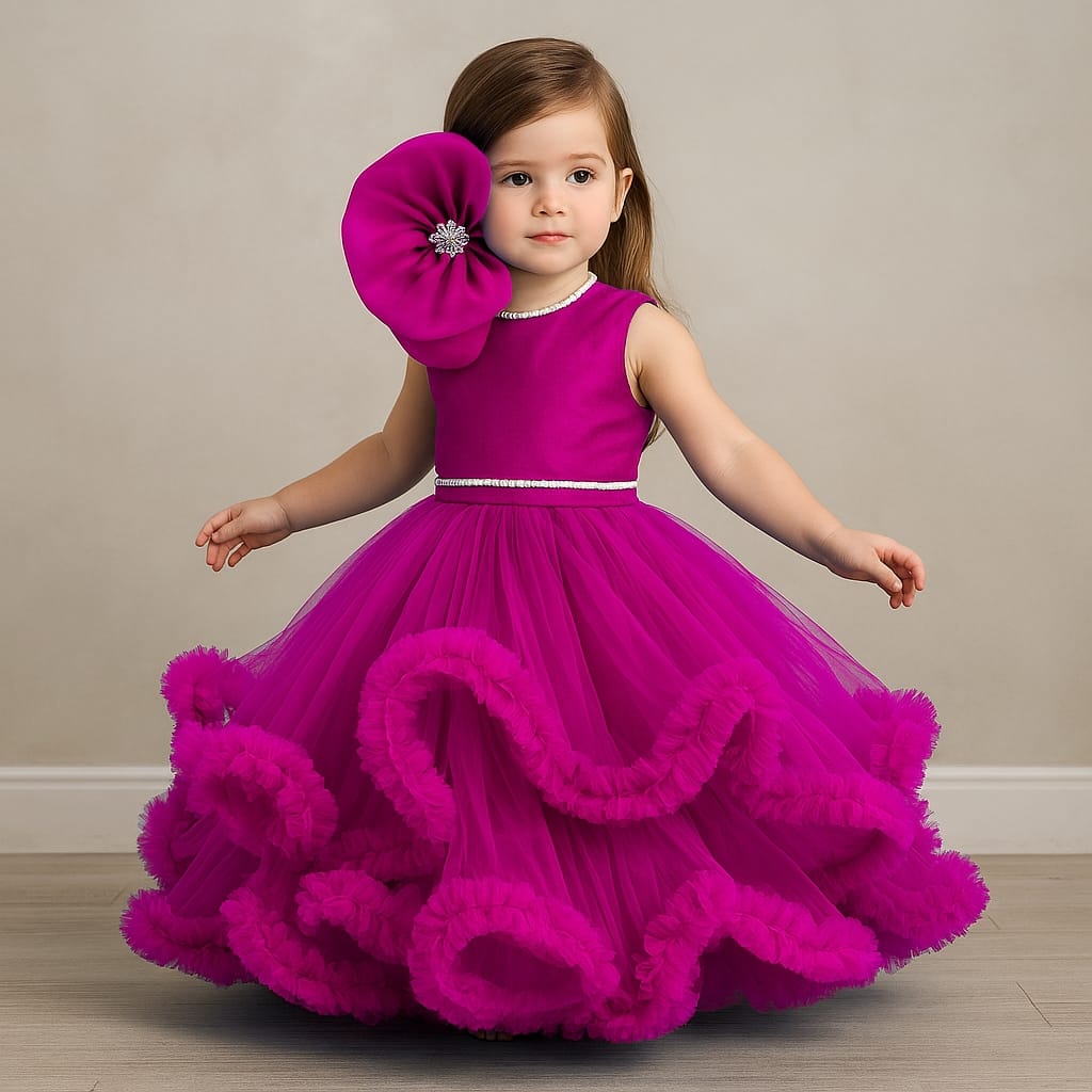 Pre Order: Fabulous Pink Swirled Ruffle Layered Gown