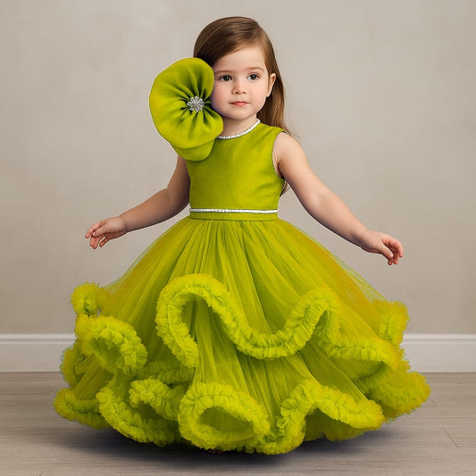 Pre Order: Fabulous Olive Swirled Ruffle Layered Gown