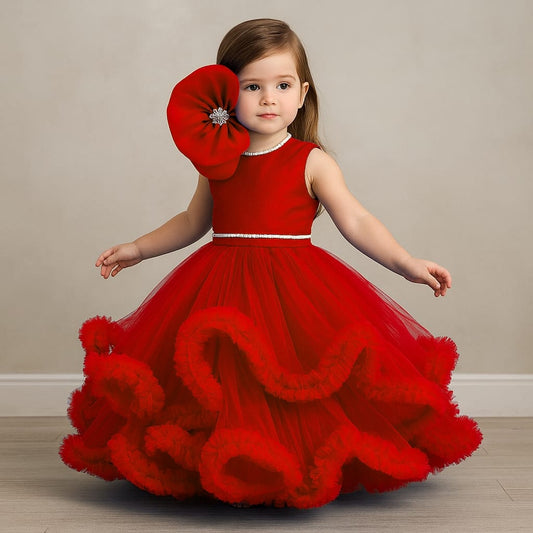 Pre Order: Fabulous Red Swirled Ruffle Layered Gown