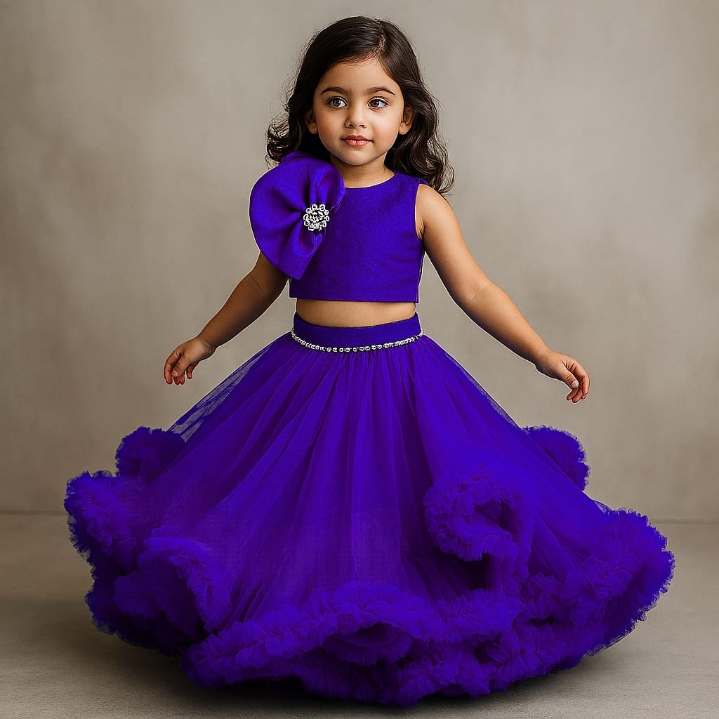 Pre Order: Fabulous Purple Swirled Top With Ruffle Layered Lehenga