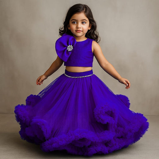 Pre Order: Fabulous Purple Swirled Top With Ruffle Layered Lehenga