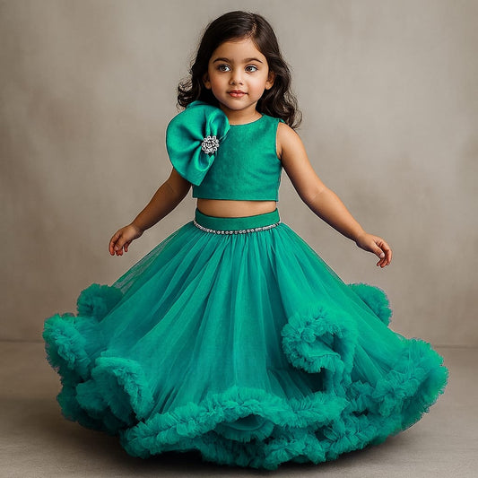 Pre Order: Fabulous Teal Blue Swirled Top With Ruffle Layered Lehenga
