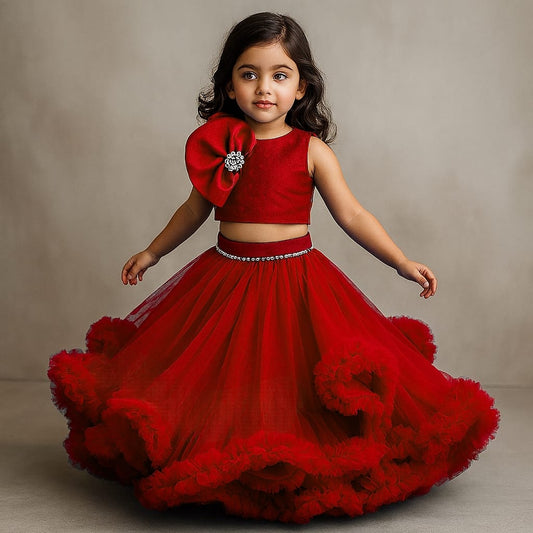Pre Order: Fabulous Red Swirled Top With Ruffle Layered Lehenga