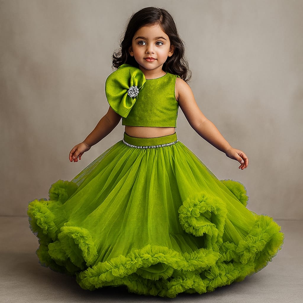 Pre Order: Fabulous Green Swirled Top With Ruffle Layered Lehenga