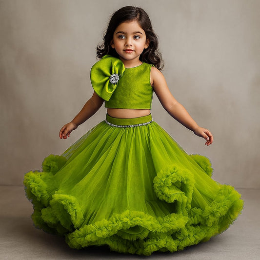 Pre Order: Fabulous Green Swirled Top With Ruffle Layered Lehenga