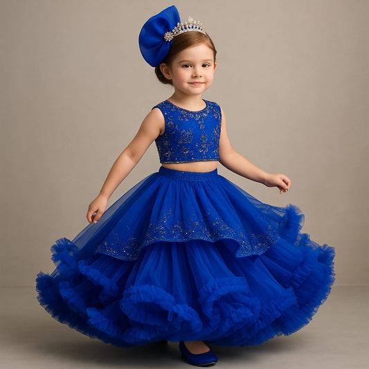 Pre Order: Sequin Embroidered Blue Frill Layered Lehenga