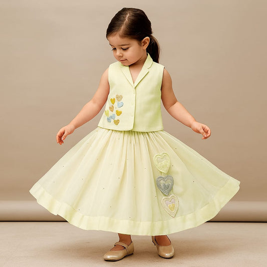 Pre Order: Tiny Hearts Embroidered Yellow Top And Lehenga