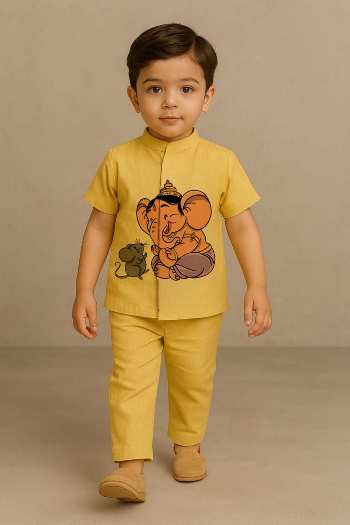 Pre Order: Yellow Cute Ganesh And Mushak Hand Painted Coord Set