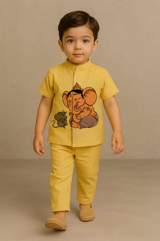 Pre Order: Yellow Cute Ganesh And Mushak Hand Painted Coord Set