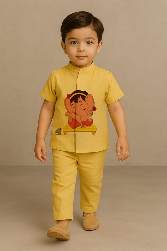 Pre Order: Yellow Cute Ganesh Hand Painted Coord Set