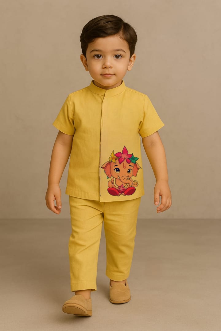 Pre Order: Yellow Ganesh Hand Painted Coord Set