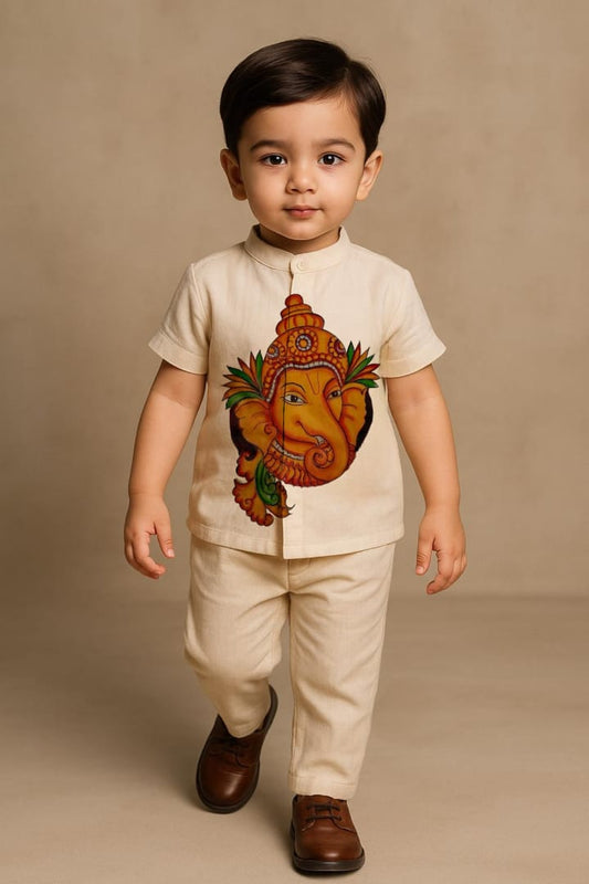 Pre Order: Off White Ganesha Hand Painted Coord Set