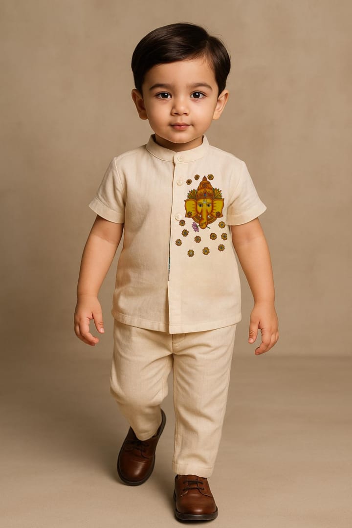 Pre Order: Off White Ganesh Hand Painted Coord Set