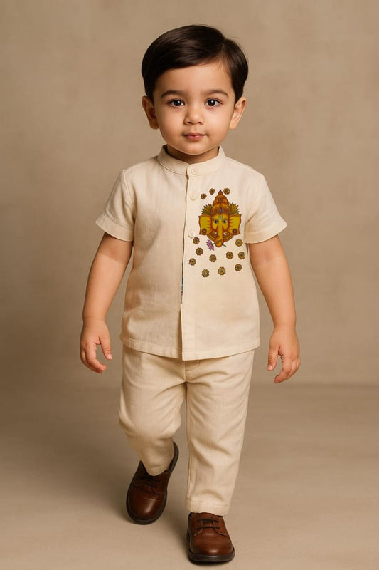 Pre Order: Off White Ganesh Hand Painted Coord Set