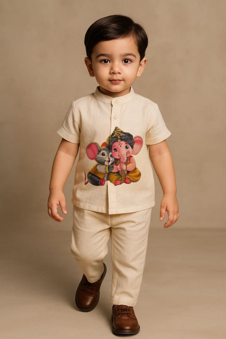 Pre Order: Off White Ganesh And Mushak Hand Painted Coord Set