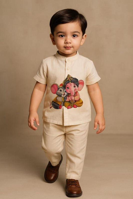 Pre Order: Off White Ganesh And Mushak Hand Painted Coord Set