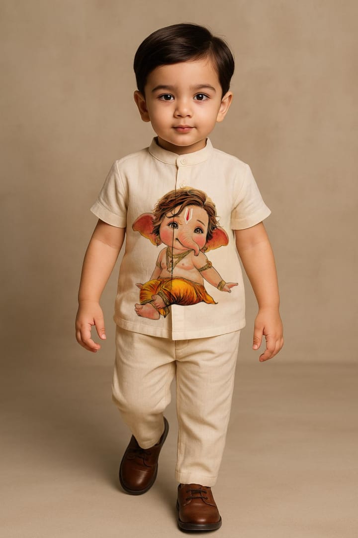 Pre Order: Off White Ganesh Hand Painted Coord Set