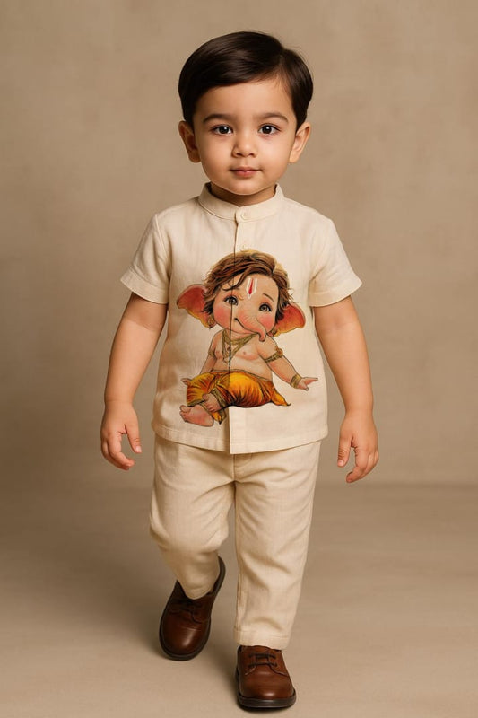 Pre Order: Off White Ganesh Hand Painted Coord Set