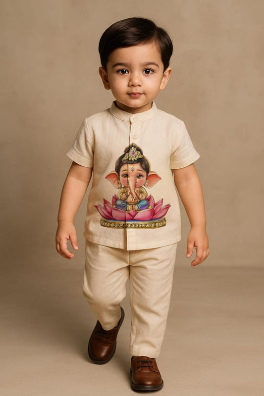 Pre Order: Off White Cute Ganesh Hand Painted Coord Set