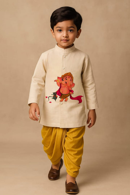 Pre Order: Off White Ganesh Hand Painted Kurta With Yellow Dhoti