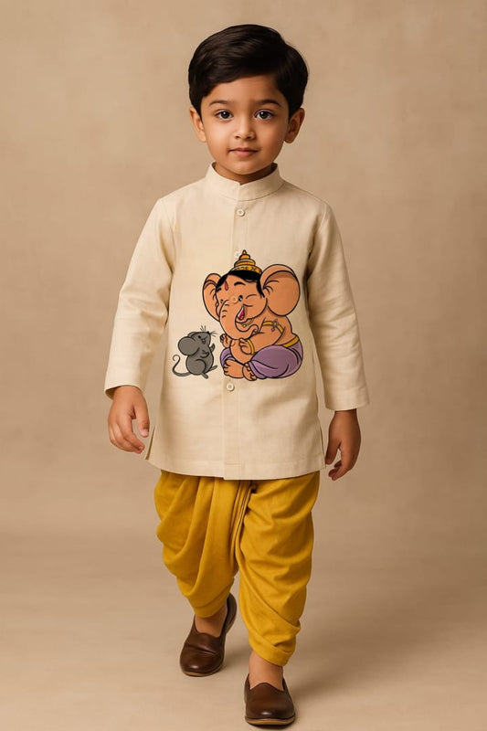 Pre Order: Off White Mushak Ganesh Hand Painted Kurta With Yellow Dhoti