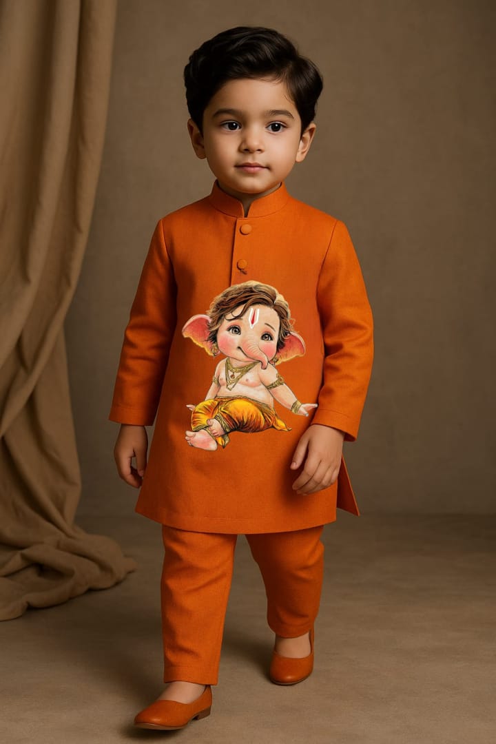 Pre Order: Orange Cute Ganesh kurta set