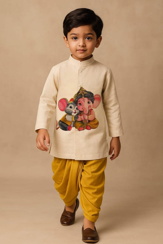 Pre Order: Off White Cute  Mushak Ganesh Hand Painted Kurta With Yellow Dhoti