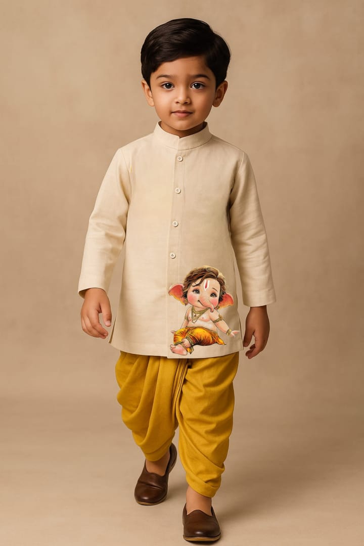 Pre Order: Off White Cute Ganesh Hand Painted Kurta With Yellow Dhoti