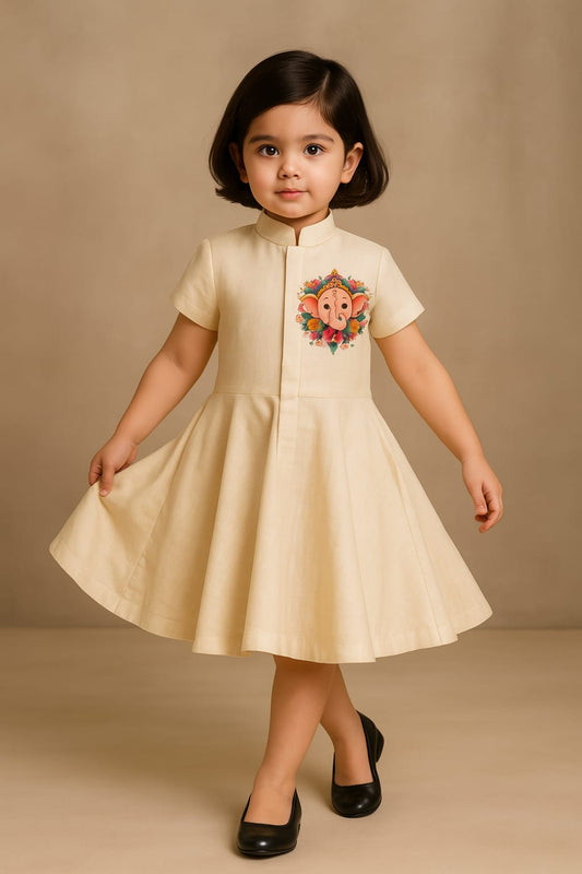 Pre Order: Ganesha Hand Painted Off White Dress