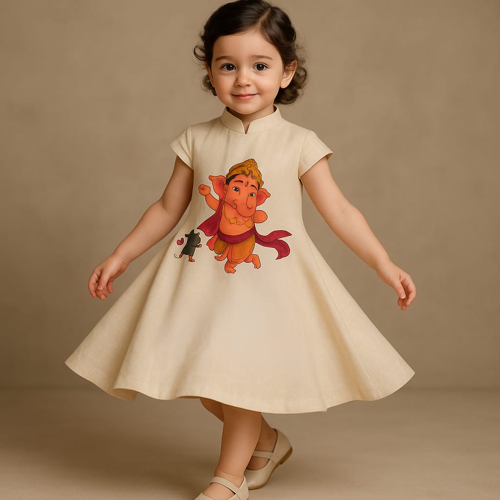Pre Order: Ganesh And Mushak Hand Painted Off White Dress